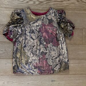 Anthropologie Pink and Gold sequin top with ruched sleeves